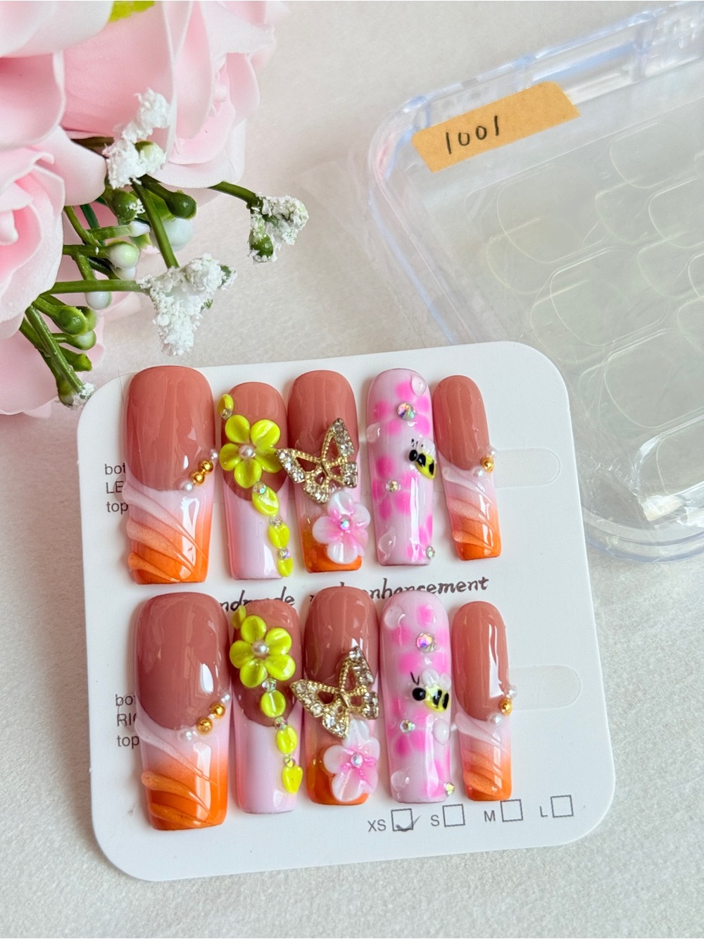 Floral Butterly Accent Press-On Nails - Pink, Orange & Brown size XS
